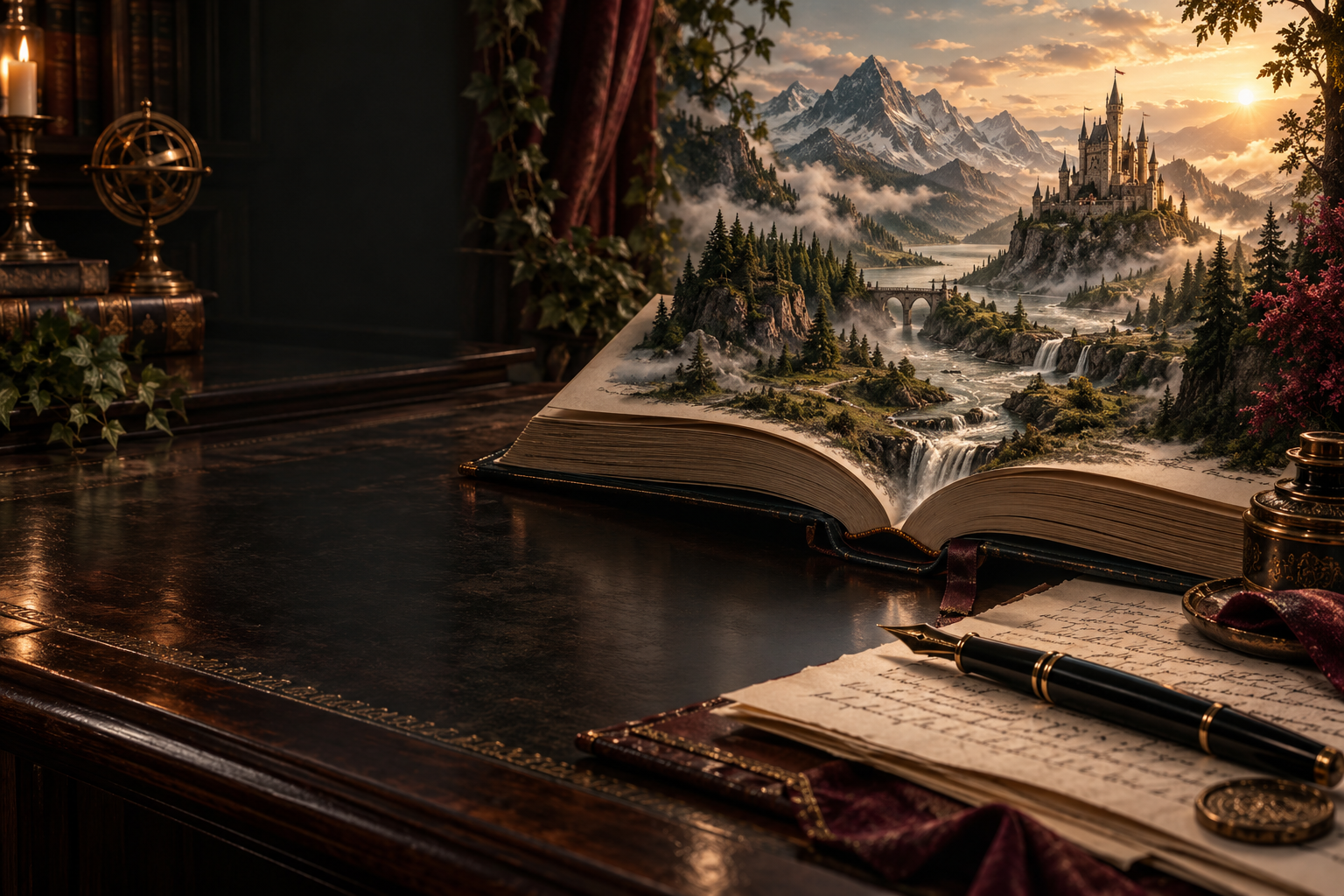 An open book beside a manuscript, with a castle, mountains and river rising from its pages