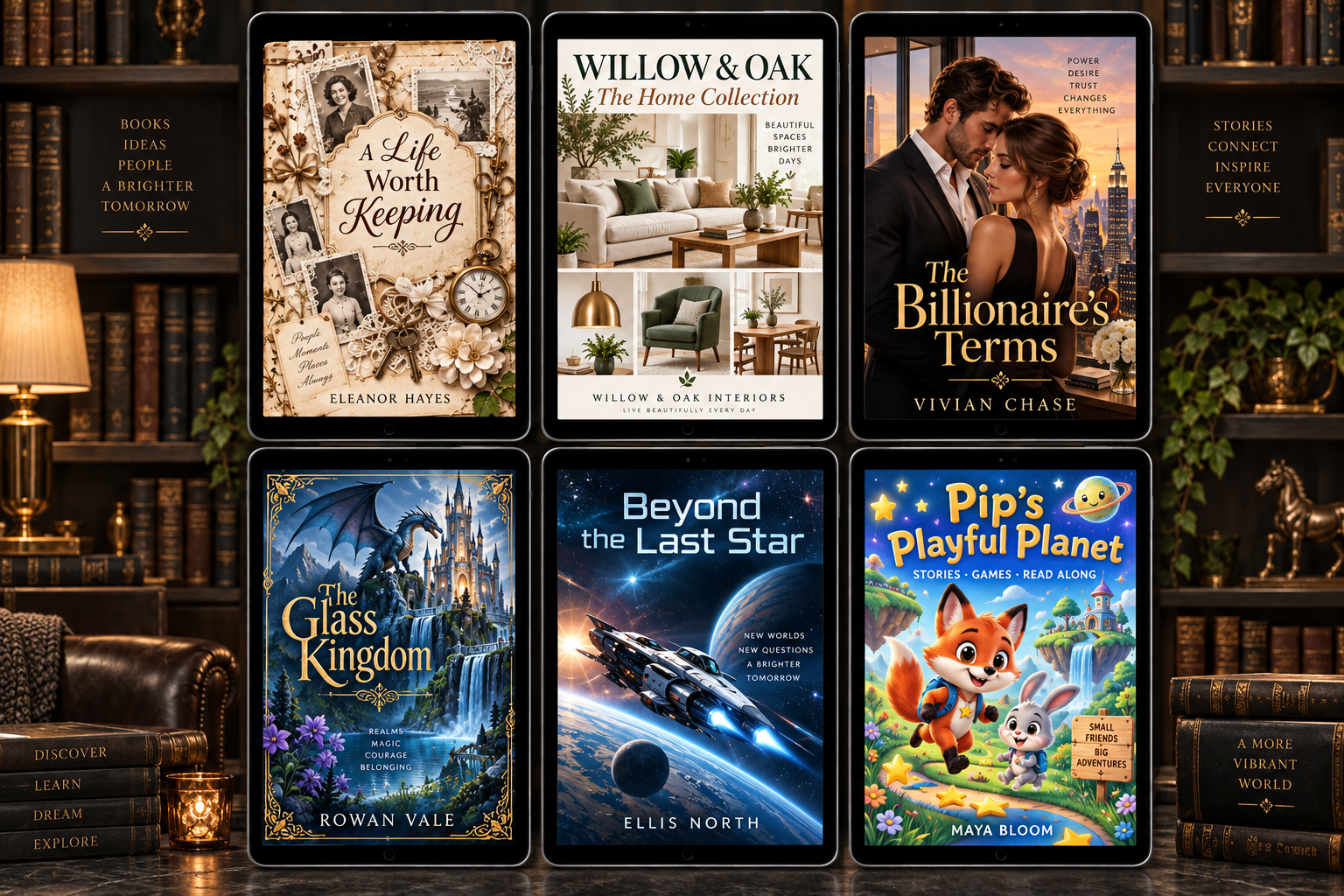 Six matching tablets displaying a legacy memoir, Willow & Oak store catalog, billionaire romance, fantasy, science fiction, and a children’s story with games and read-along features.